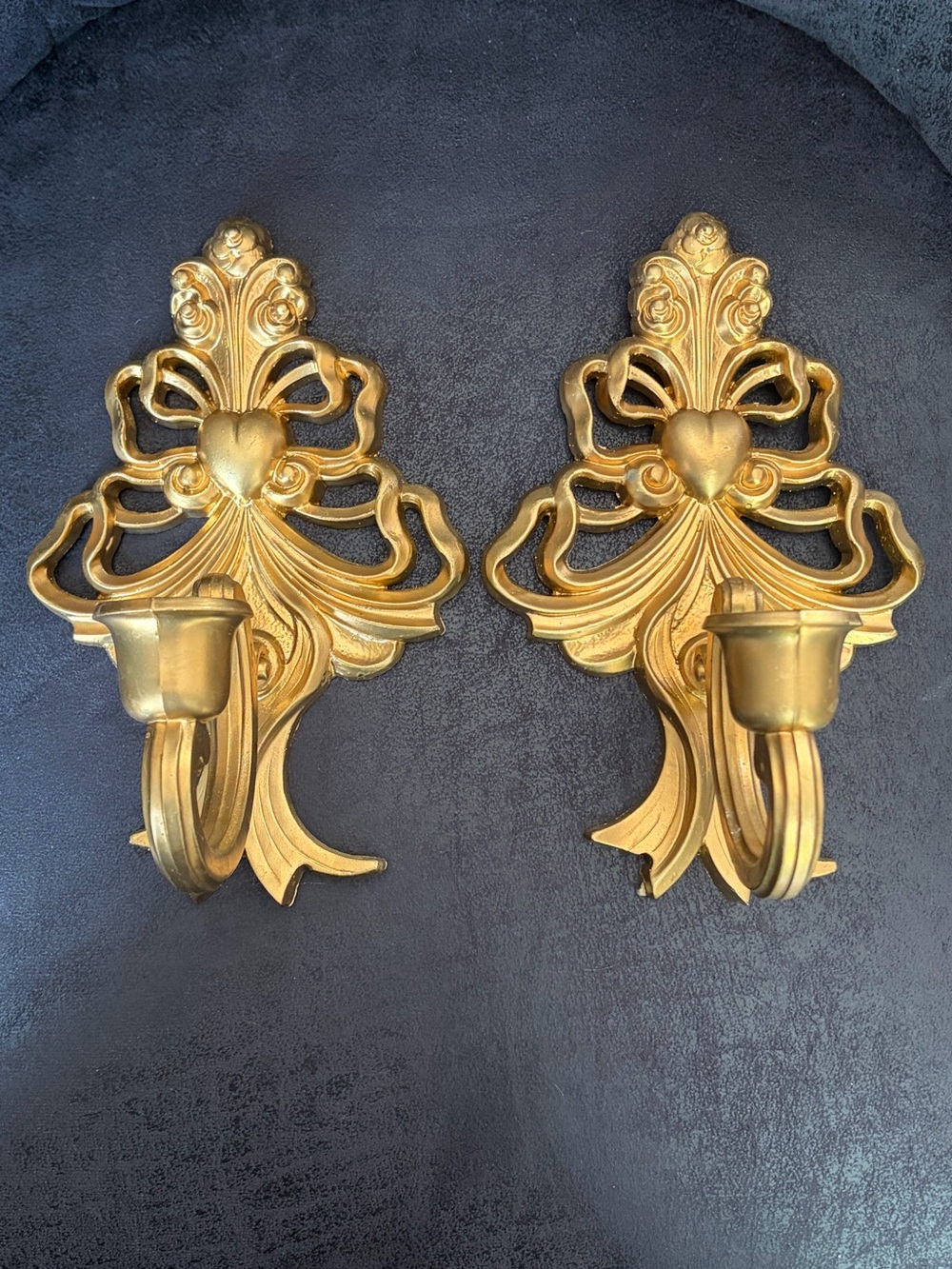 Vintage Homco Heart & Bow Gold Tone 1989 Wall Sconces Candleholders Set Of 2